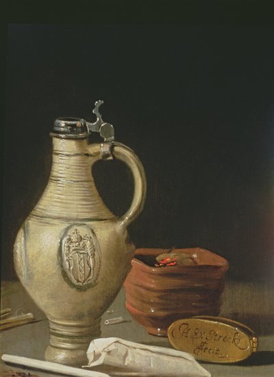 Still life with an Amsterdam earthenware ewer, bowl of charcoal and tobacco pouch by Hendrick van Streeck